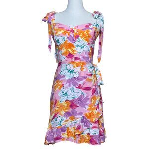 WAYF Floral Wrap Front Dress In Pink Hibiscus Sweetheart Tie Straps Ruffle L NWT